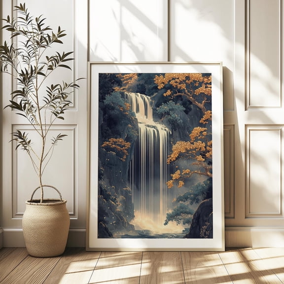 Hokusai Ukiyo-e Japanese Waterfall Green Gold Landscape Asian Decor