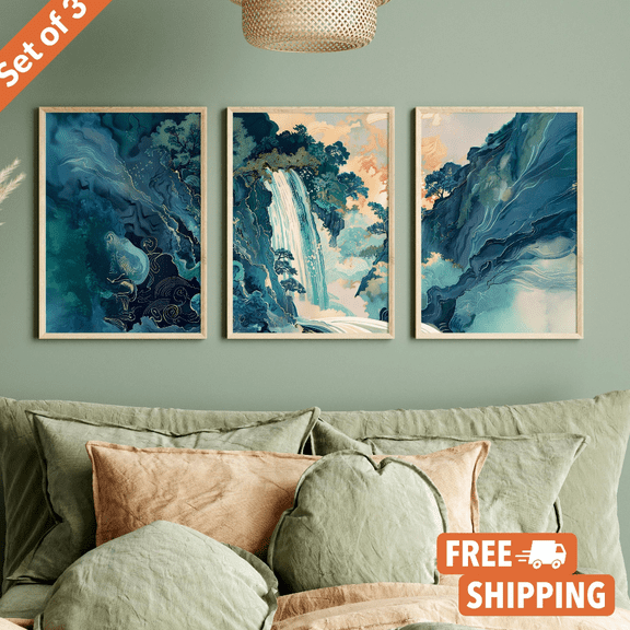 Hokusai Waterfall Japanese Ukiyoe Landscape Poster Set Set 3 , Poster Only