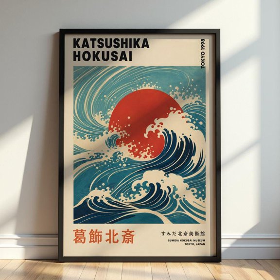 Hokusai Wave Poster, Japanese Ocean Wall Art, Retro Ukiyo-e Inspired Print, Japandi Coastal Decor, Red Sun Sea Artwork, Poster Only