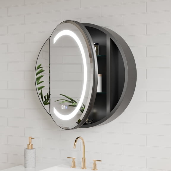 Hola 24" Round LED Medicine Cabinet with Black Frame - Anti-Fog, Dimmable Lighting, Surface Mount