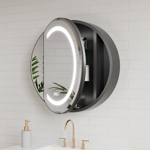 Hola 24" Round LED Medicine Cabinet with Black Frame - Anti-Fog, Dimmable Lighting, Surface Mount