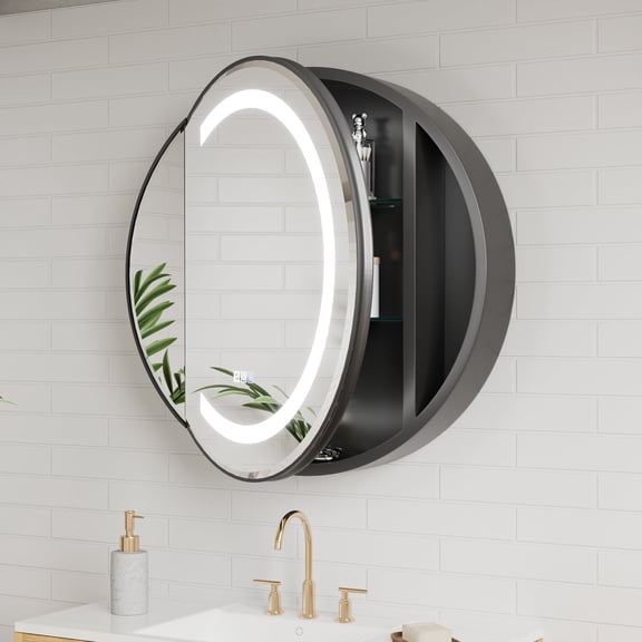 Hola 28" Round Recessed Medicine Cabinet LED Black Frame, Anti-Fog, Dimmable Lighting, Surface Mount