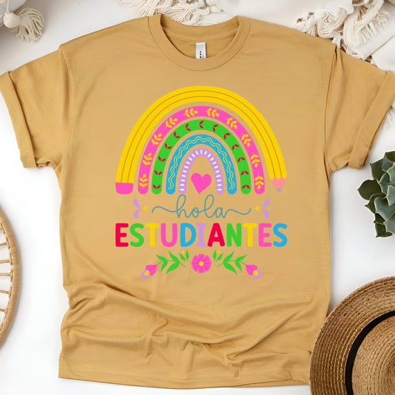 Hola Estudiantes Teacher T-Shirt, Spanish Rainbow Pencil Design, Back to School Tee, Gold, Size M