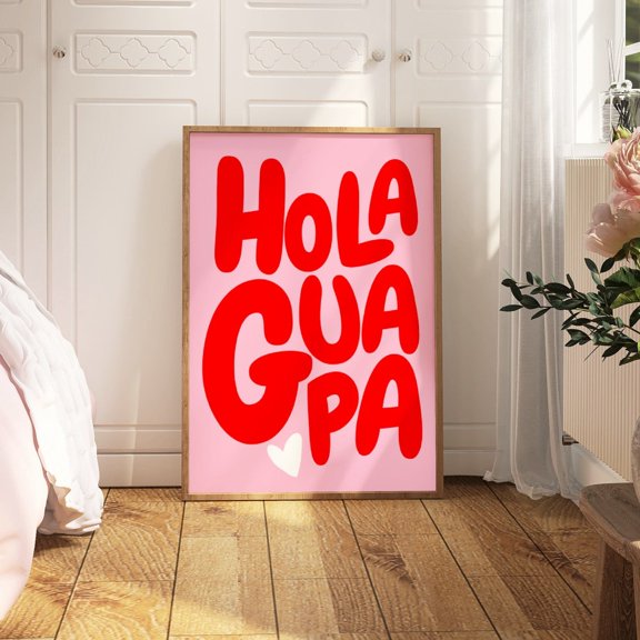 Hola Guapa Pink Red Wall Art Spanish Phrase Trendy Retro Quote Typography Statement Sign, Unframed Canvas 8x10in