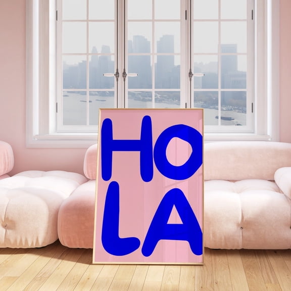 Hola Pink Blue Spanish Phrase Preppy Wall Art Quote Poster Typography Gallery Decoration, Unframed Paper Poster 24x36in