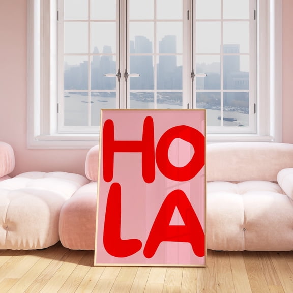 Hola Quote Print Pink Red Spanish Phrase Preppy Typography Art, Unframed Canvas 24x36in