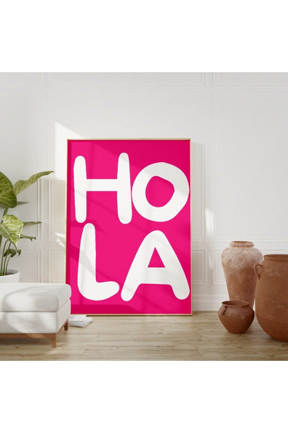 Hola T-Shirt Spanish Phrase Hot Pink Wall Decor Trendy Retro Quote Typography Tee, Unframed Paper Poster 8x10in