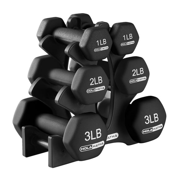 HolaHatha 1, 2 and 3 Pound Neoprene Dumbbell Weight Set with Rack