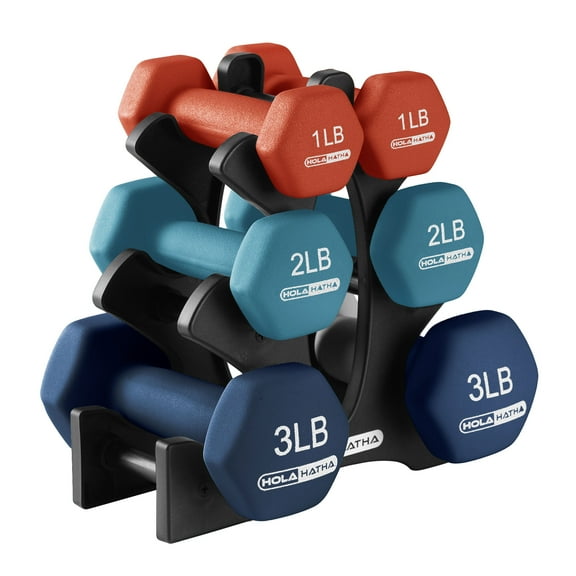 HolaHatha 1, 2 and 3 Pound Neoprene Dumbbell Weight Set with Rack
