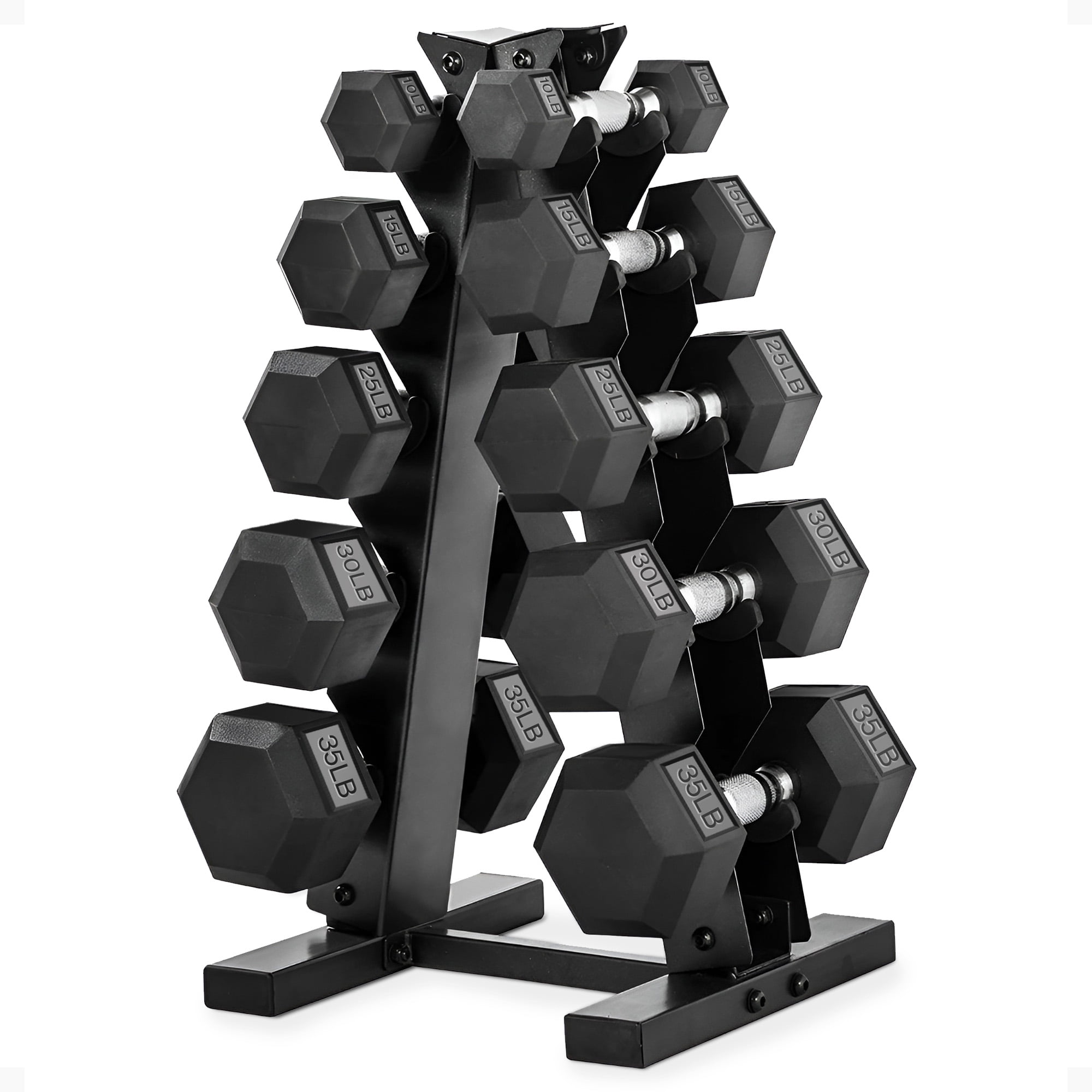 HolaHatha 10, 15, 25, 30, & 35 Pound Hexagonal Dumbbell Weight Set w/Rack
