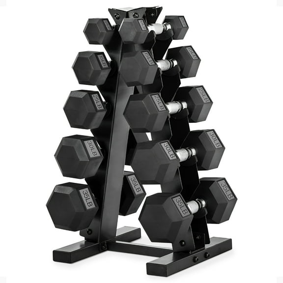HolaHatha Hex Dumbbell Set - with Rack - 10 Piece, 10 to 35 lb