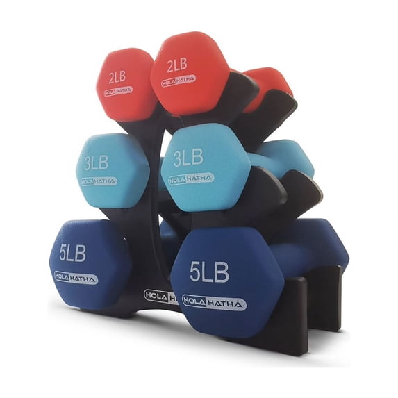 HolaHatha 2, 3, & 5 LB Neoprene Dumbbell Free Weight Set w/ Rack, Red/Blue