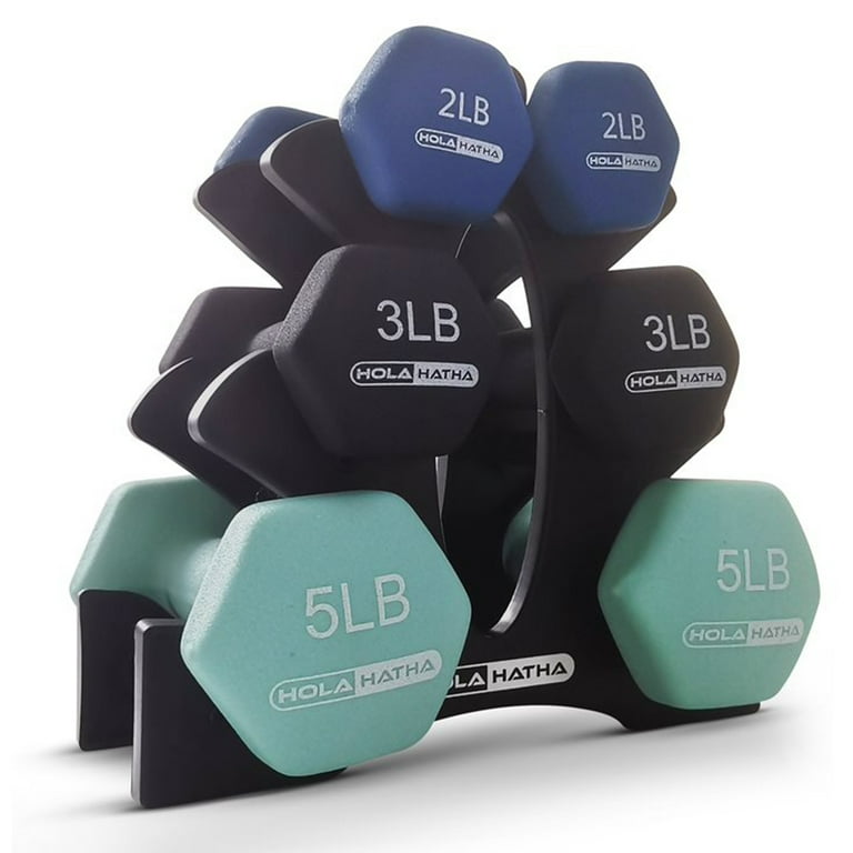 HolaHatha 2 3 5 Pound Neoprene Dumbbell Free Weight Set w Rack Pastel