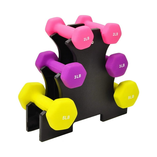 HolaHatha 2, 3, and 5 Pound Neoprene Dumbbell Free Weight Set with Rack