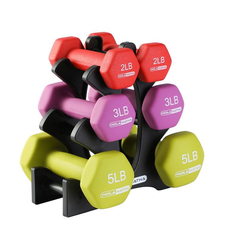HolaHatha 2, 3, and 5 Pound Neoprene Dumbbell Free Weight Set with Rack 