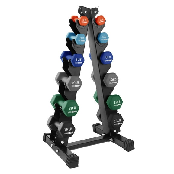 HolaHatha 3, 5, 8, 10, 12 & 15 Pound Neoprene Dumbbell Weight Set with Rack