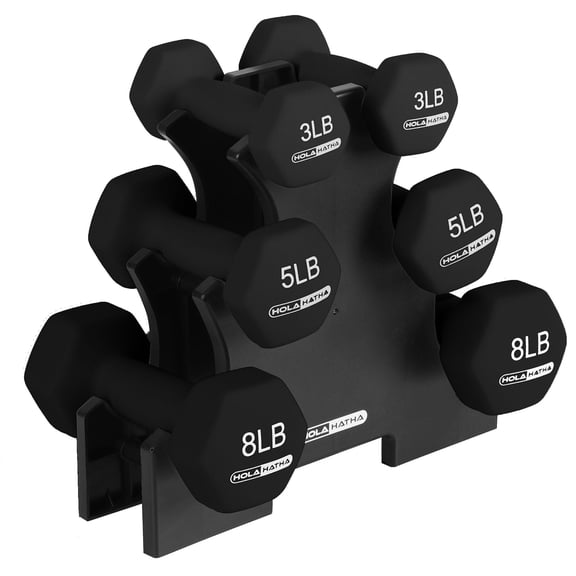 Open Box HolaHatha 3, 5, & 8Lb Dumbbell Hand Weight Set w/Storage Rack, Black