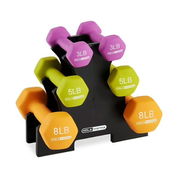 HolaHatha 3, 5, and 8 Pound Neoprene Dumbbell Weights Set with Rack, Multi
