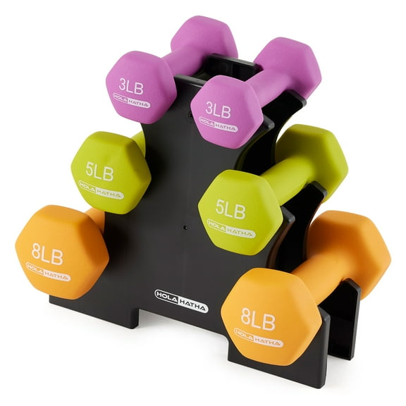 HolaHatha 3, 5, and 8 Pound Neoprene Dumbbell Weights Set with Rack, Multi