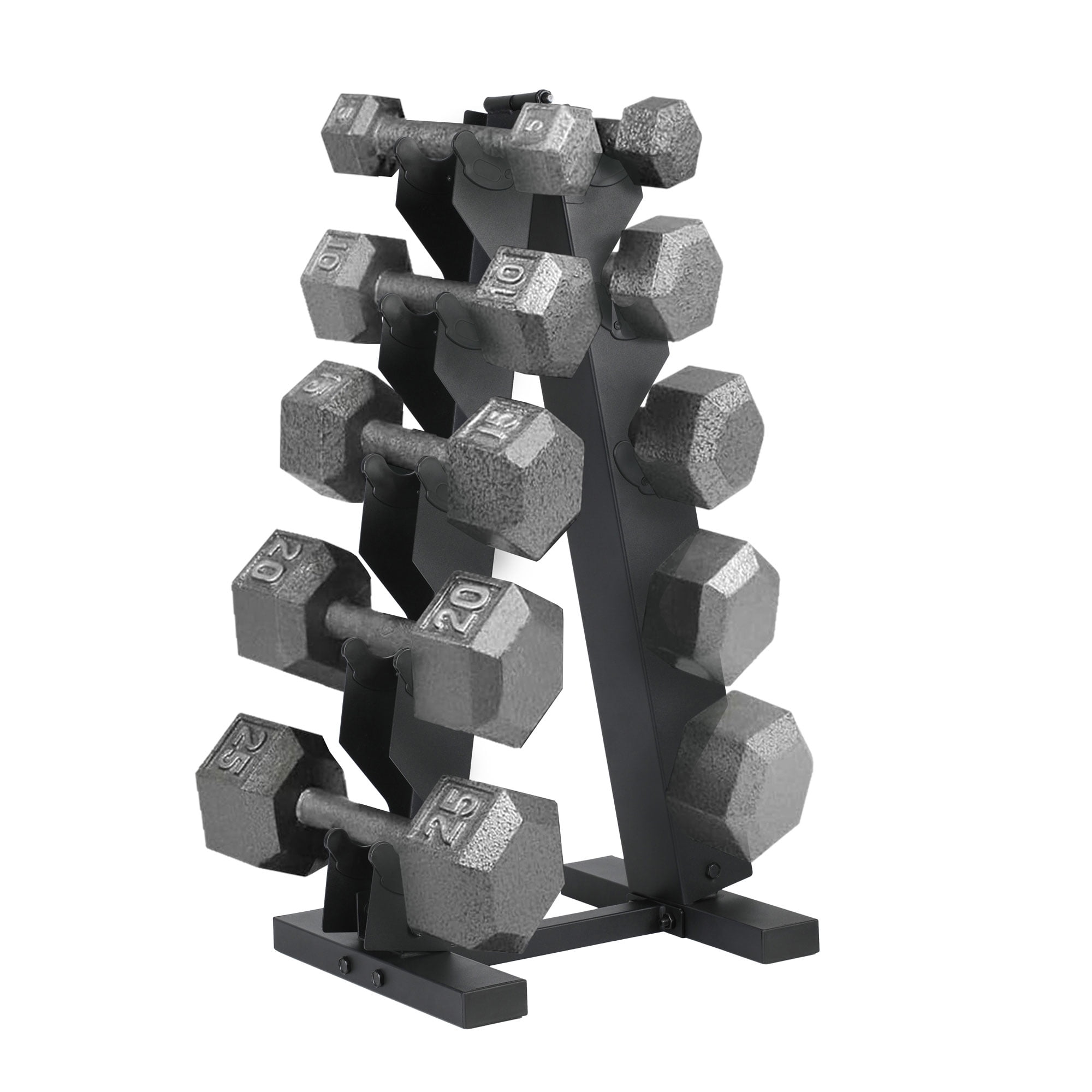 HolaHatha 5, 10, 15, 20, 25 lb Cast Iron Dumbbell Weight Set with Rack