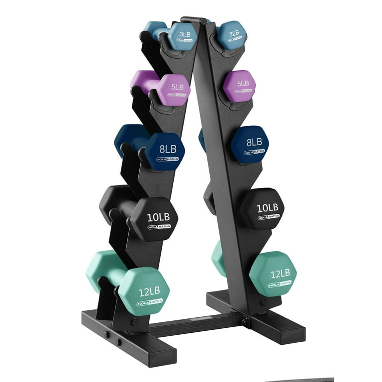 HolaHatha Hex Hand Stand Coated Dumbbell Weight Set with
