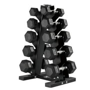 HolaHatha Hexagonal Dumbbell with Rack, Black, 5/8/10/12/15 lb