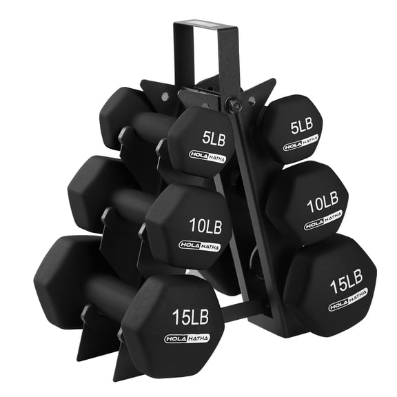 HolaHatha Neoprene Dumbbell Free Hand Weight Set & Rack, 5,10,15 lb