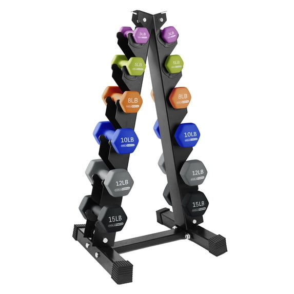 HolaHatha Neoprene Dumbbell Weight Set - with Rack - 3, 5, 8, 10, 12 & 15 lb