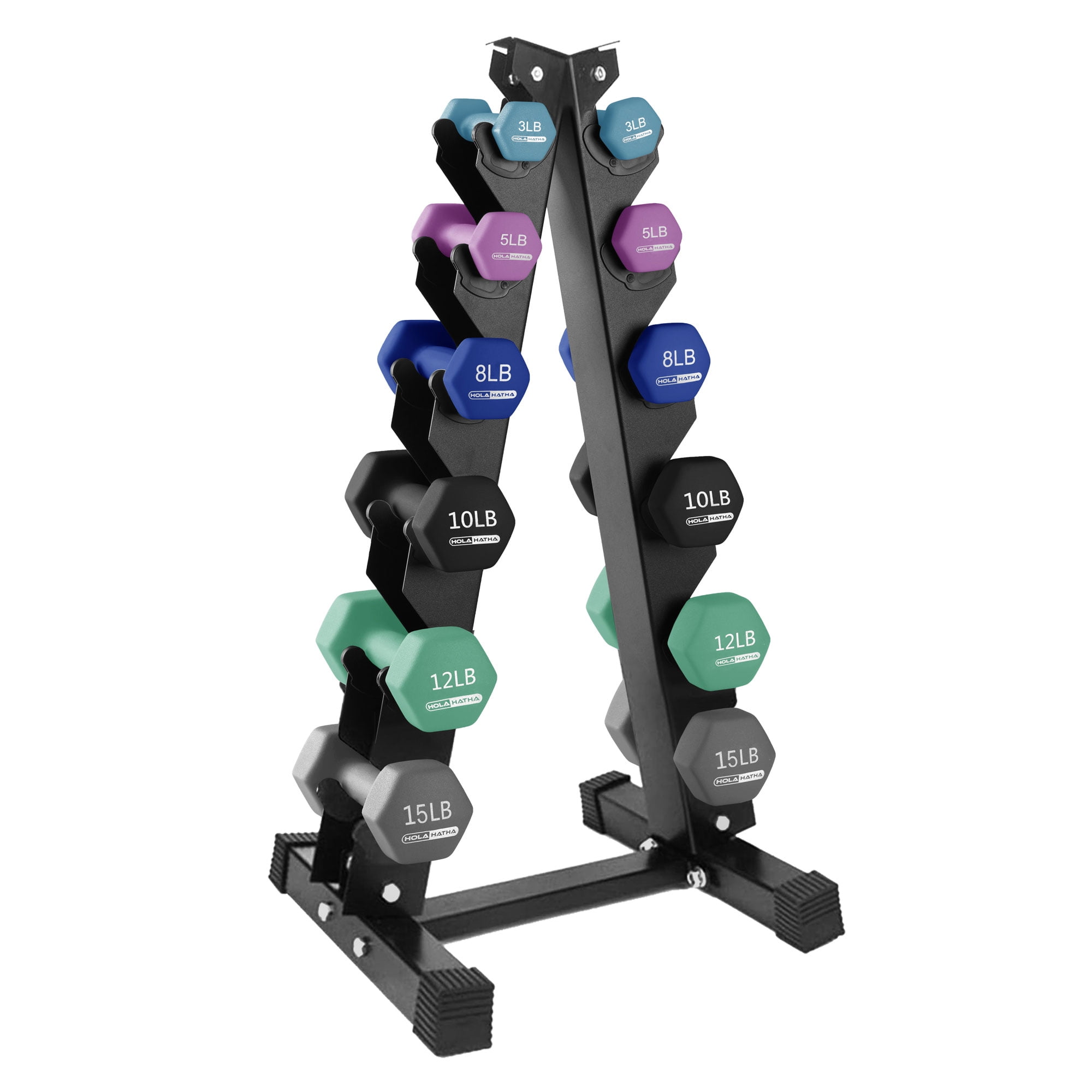 HolaHatha Neoprene Dumbbell with Rack, 3/5/8/10/12/15 lb (Blue)