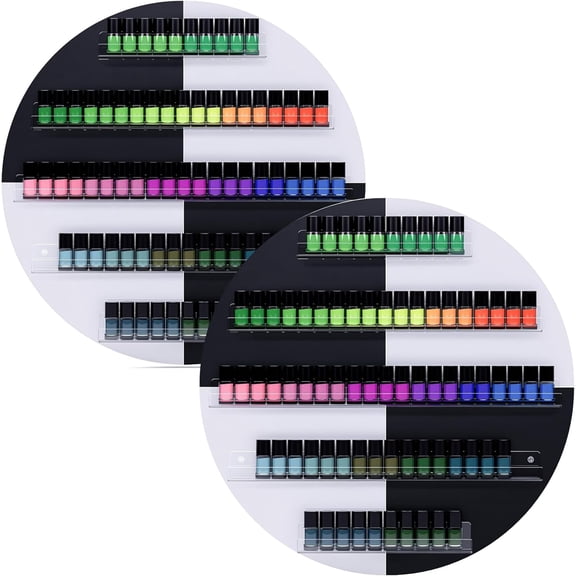 HolaiNail Wall Mount Nail Polish Organizer, 2 Packs Wood Nail Polish Rack w/Acrylic Barrier, 5-Tier Round Storage & Display Shelf, Perfume Essential Oil Bottles Holder, White & Black