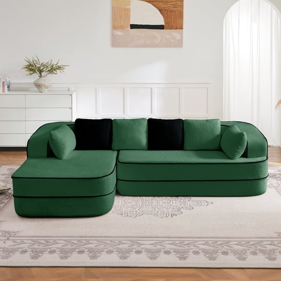 Holaki 106" Boneless Modular Sectional Sofa Couch, 32D High-Resilience 3-Seater Couch with Throw Pillows, Teddy Fleece Fabric Convertible Sofa Couch with R-Shaped Chaise for Living Room, Green