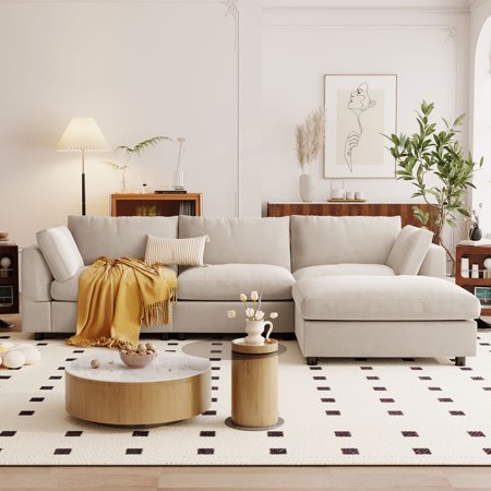 Holaki 113'' Modern L-Shaped Couch with Reversible Chaise, U_Style Upholstery Convertible Sectional Sofa, 3-4 Seater Couch Sectional Sofa Set for Living Room Bedroom Apartment-Beige