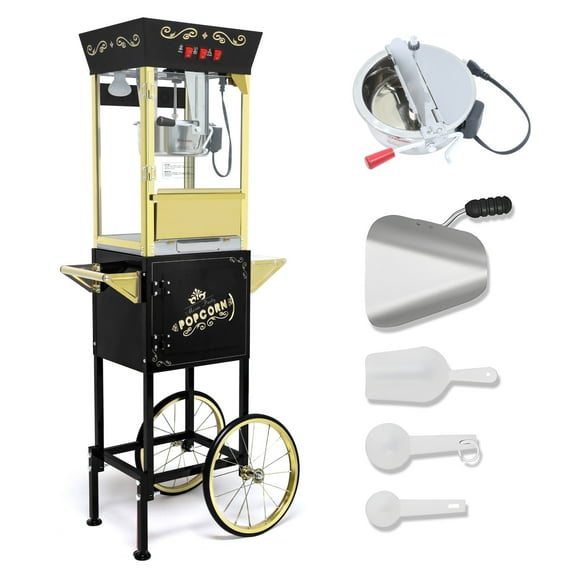 12OZ Popcorn Machine with Cart, Holaki Movie Theater Popcorn Maker Machine with Stainless Steel Kettle, Tempered Glass, 8" Shelf, Popcorn Machine for Kids Party Home, Black