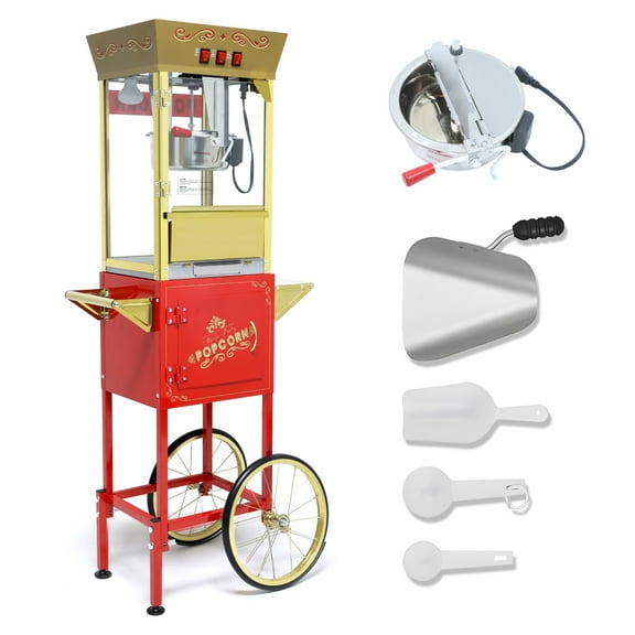 12OZ Popcorn Machine with Cart, Holaki Movie Theater Popcorn Maker Machine with Stainless Steel Kettle, Tempered Glass, 8" Shelf, Popcorn Machine for Kids Party Home, Red