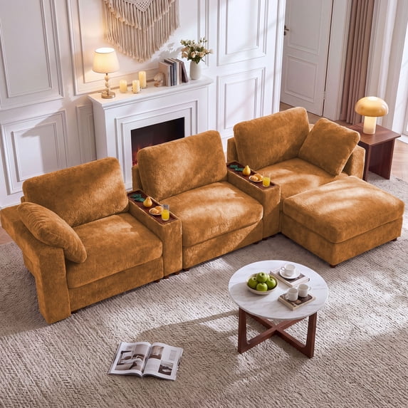 Holaki 138" L-Shaped Oversized Modular Sectional Sofa with Ottoman, 3 Seater Comfy Cloud Couch for Living Room, Deep Seat Down-Filled Sofa with 2 Built-in Side Tables & Storage Space, Orange
