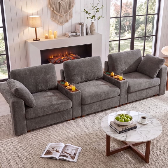 Holaki 138" Oversized Modular Sectional Sofa, 3 Seater Comfy Cloud Couch with 2 Built-in Side Tables for Living Room, Modern Wide Seat Down-Filled Sofa with Storage Space, Dark Gray