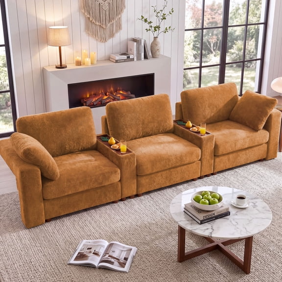 Holaki 138" Oversized Modular Sectional Sofa, 3 Seater Comfy Cloud Couch with 2 Built-in Side Tables for Living Room, Modern Wide Seat Down-Filled Sofa with Storage Space, Orange