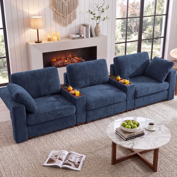 Holaki 138" Oversized Modular Sectional Sofa, 3 Seater Comfy Cloud Couch with 2 Built-in Side Tables for Living Room, Modern Wide Seat Down-Filled Sofa with Storage Space, Blue