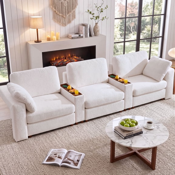 Holaki 138" Oversized Modular Sectional Sofa, 3 Seater Comfy Cloud Couch with 2 Built-in Side Tables for Living Room, Modern Wide Seat Down-Filled Sofa with Storage Space, White
