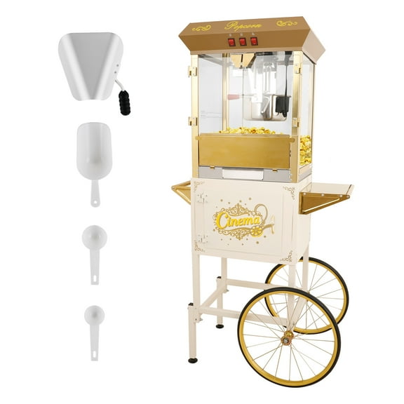 Holaki 16Oz Popcorn Machine with Cart, Commercial Popcorn Maker Machine with Stainless-Steel Kettle Makes Up to 32 Cups, Popcorn Machine with 3-Switch Control for Home Movie Theater, Gold