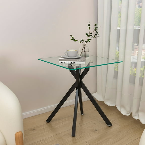 Holaki 17.72" Small Coffee Table Glass End Table with Golden Metal Legs,Modern Square Clear Tempered Glass End Table Stylish Design Nightstand for Living Room,Bedroom,Office,Gold/Black/Silver