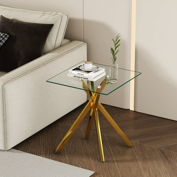 Glass End Table for Living Room, Holaki 17.72" Modern Square Side Table with Tempered Glass Top & Metal Legs, Small Glass Table for Bedroom Office, Gold