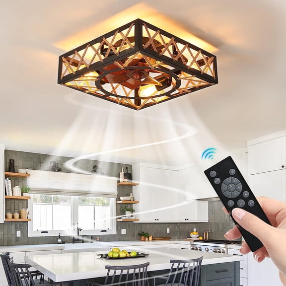 Holaki 18" Caged Ceiling Fans with Lights and Remote,Flush Mount Low Profile Bladeless Ceiling Fan Low Profile,Small Farmhouse Industrial Enclosed Ceiling Fan For Bedroom,Kitchen