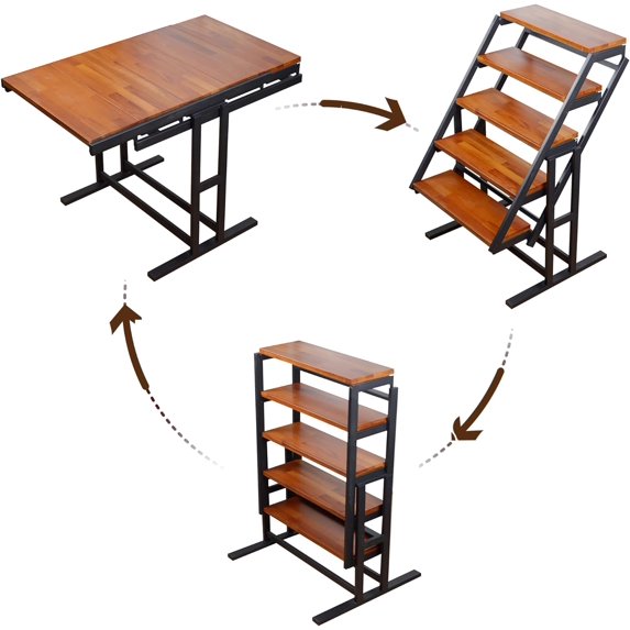 Holaki 2 in 1 Convertible Shelf to Table, Extendable Dining Table with Metal Frame,5 Tier Shelving Unit for Small Spaces,Multipurpose Storage Shelf Display Rack for Kitchen Dining Room and Living Room
