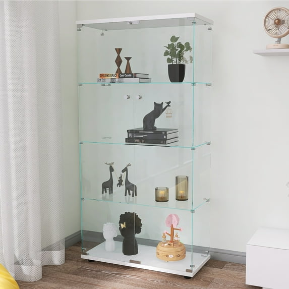 2-Door Glass Display Cabinet, Holaki Modern 64'' Contemporary 4-Shelf Case Glass Display Cabinet in Clear, 4 Shelves Floor Standing Glass Bookshelf for Living Room Bedroom Home Office, White