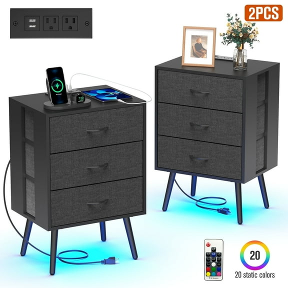 Nightstand Set of 2, Holaki Nightstand for Bedroom with Charging Station, Modern Nightstand with 3 Storage Drawer & 20 Colors LED Lights, Bedside Table for Living Room, Black