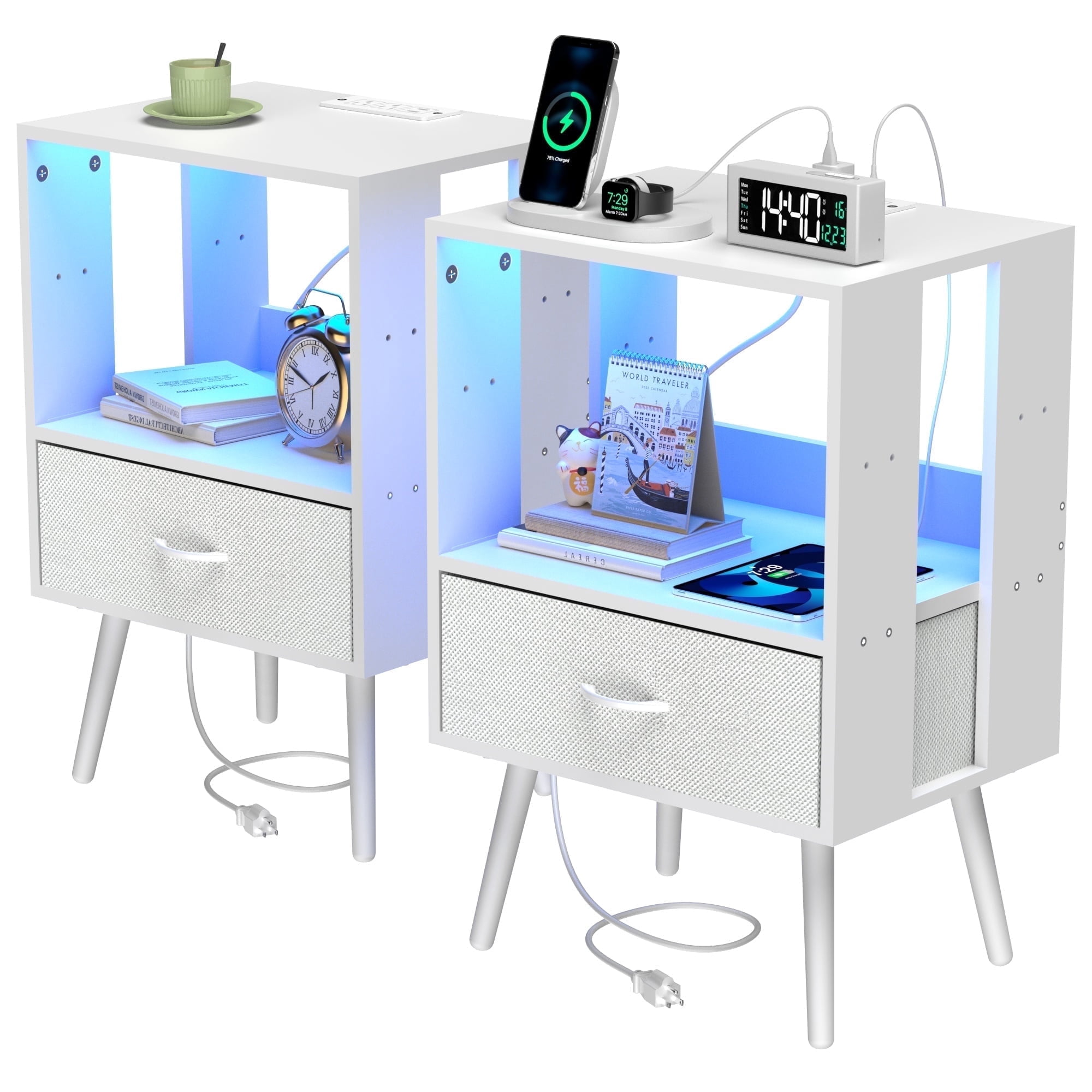 Nightstand Set of 2, Holaki Nightstand with Charging Station for Bedroom, Night Stand with LED Light & Fabric Drawers, Dresser Bedside Table for Living Room, White
