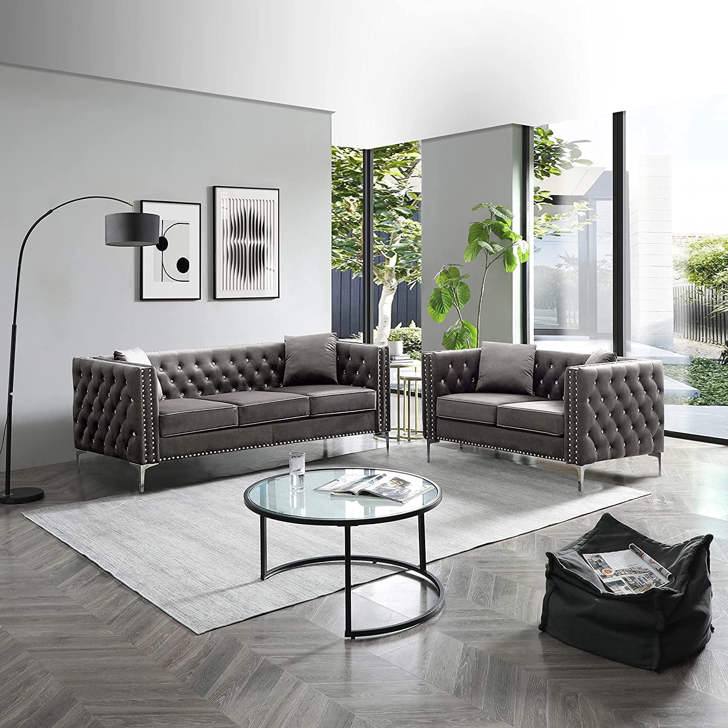 Holaki 2 Piece Modern Velvet Living Room Set, 5-Seat Sofa and Loveseat with Jeweled Button Tufted Copper Nails Square Arms, Gray