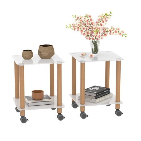Holaki 2-Piece White+Oak Side Table, 2-Tier Space End Table, Modern Night Stand, Sofa table, Side Table with Storage Shelve