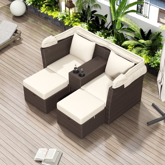 Holaki 2-Seat Outdoor Patio Double Daybed, Loveseat Sofa Set with Foldable Awning and Cushions for Garden, Balcony, Poolside, Beige